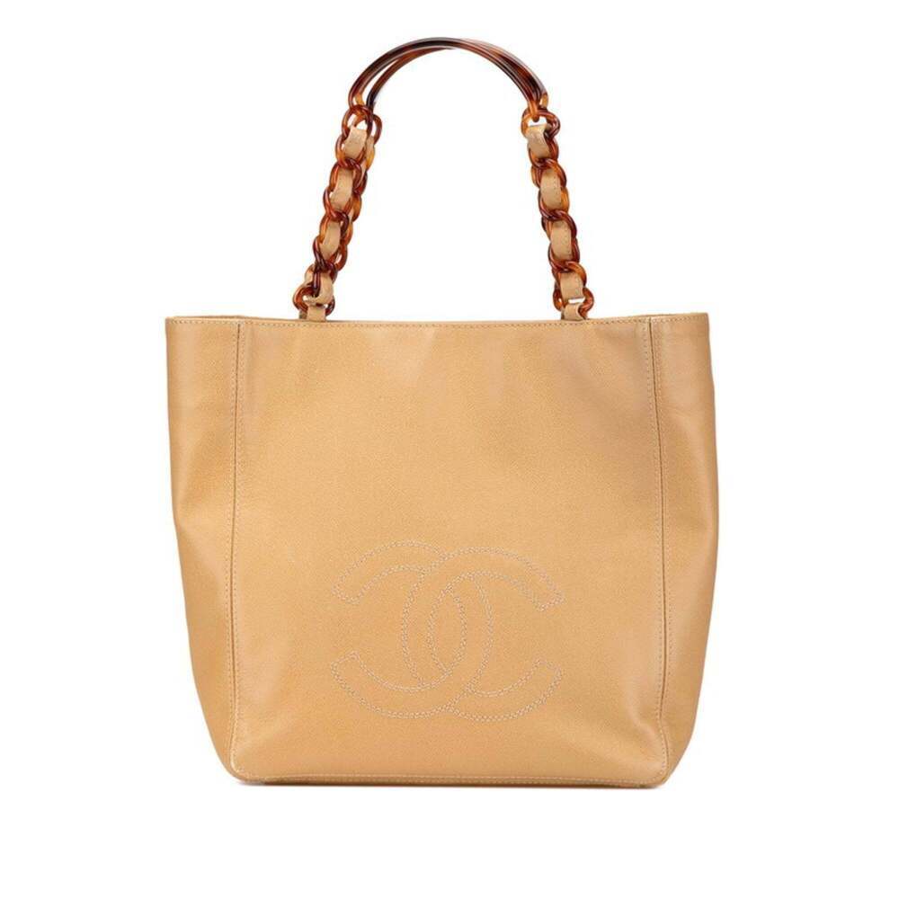 CHANEL Cream Caviar Leather Logo Shoulder Bag